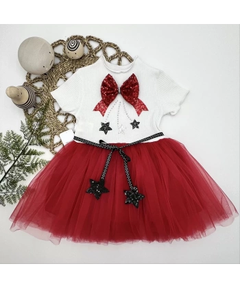 1-2-3 Yaş Payetli Yıldız Nakışlı Astarlı Etek Kız Bebek Tütü Elbisesi Ekru