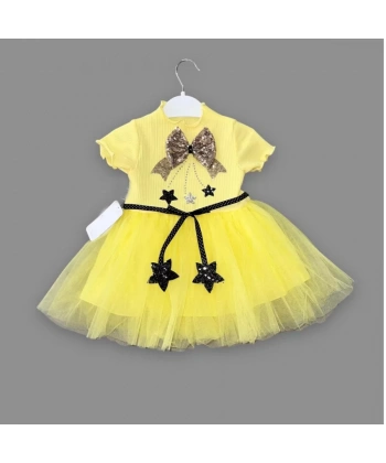 1-2-3 Yaş Payetli Yıldız Nakışlı Astarlı Etek Kız Bebek Tütü Elbisesi Sarı