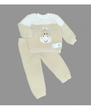 1-2-3 Yaş Ponponlu Zürafa Desenli Kuzu Kumaş Uzun Kollu 2li Kız Erkek Çocuk Takımı Bej