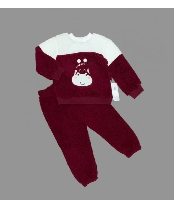 1-2-3 Yaş Ponponlu Zürafa Desenli Kuzu Kumaş Uzun Kollu 2li Kız Erkek Çocuk Takımı Bordo