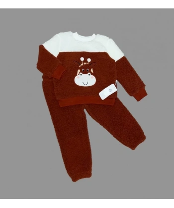 1-2-3 Yaş Ponponlu Zürafa Desenli Kuzu Kumaş Uzun Kollu 2li Kız Erkek Çocuk Takımı Kahverengi