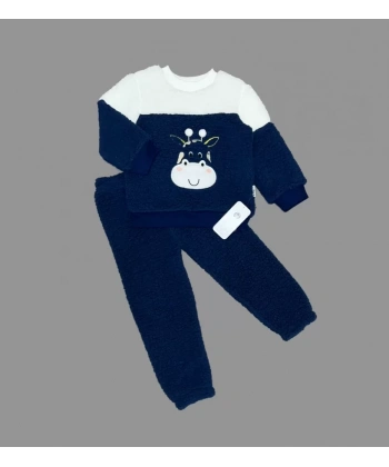 1-2-3 Yaş Ponponlu Zürafa Desenli Kuzu Kumaş Uzun Kollu 2li Kız Erkek Çocuk Takımı Lacivert