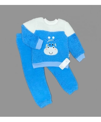 1-2-3 Yaş Ponponlu Zürafa Desenli Kuzu Kumaş Uzun Kollu 2li Kız Erkek Çocuk Takımı Saks Mavisi