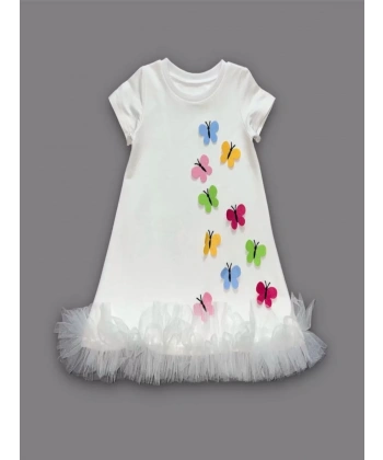 1-2-3 Yaş Renkli Kelebekler Nakışlı Eteği Fırfırlı Jile Çocuk Elbisesi Beyaz
