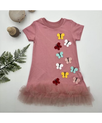 1-2-3 Yaş Renkli Kelebekler Nakışlı Eteği Fırfırlı Jile Çocuk Elbisesi Gül Kurusu