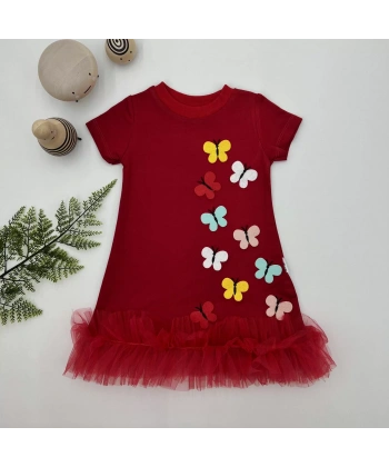 1-2-3 Yaş Renkli Kelebekler Nakışlı Eteği Fırfırlı Jile Çocuk Elbisesi Kırmızı