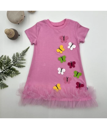 1-2-3 Yaş Renkli Kelebekler Nakışlı Eteği Fırfırlı Jile Çocuk Elbisesi Pembe