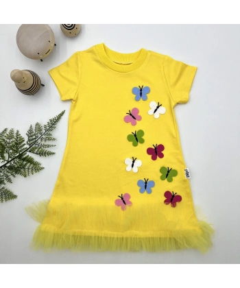 1-2-3 Yaş Renkli Kelebekler Nakışlı Eteği Fırfırlı Jile Çocuk Elbisesi Sarı