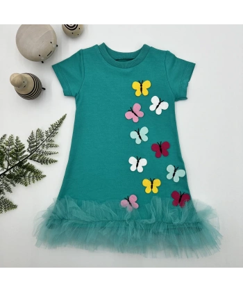 1-2-3 Yaş Renkli Kelebekler Nakışlı Eteği Fırfırlı Jile Çocuk Elbisesi Turkuaz