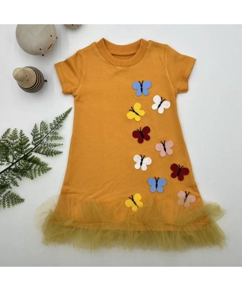 1-2-3 Yaş Renkli Kelebekler Nakışlı Eteği Fırfırlı Jile Çocuk Elbisesi Turuncu