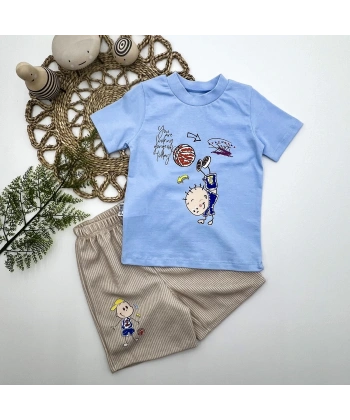 1-2-3 Yaş Topçu Erkek Çocuk Baskılı Şortlu Kısa Kollu Tişört 2li Erkek Bebek Takımı Mavi