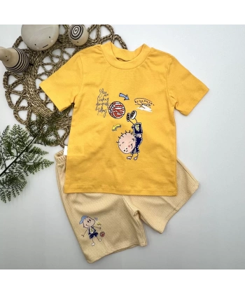 1-2-3 Yaş Topçu Erkek Çocuk Baskılı Şortlu Kısa Kollu Tişört 2li Erkek Bebek Takımı Sarı