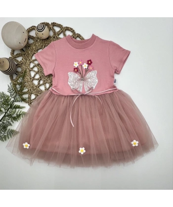 1-2-3 Yaş Tül Fiyonk Çiçekler Nakışlı Astarlı Kız Bebek Tütü Elbisesi Pudra