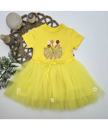 1-2-3 Yaş Tül Fiyonk Çiçekler Nakışlı Astarlı Kız Bebek Tütü Elbisesi Sarı