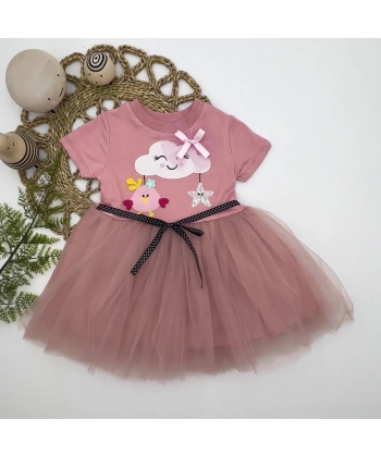 1-2-3 Yaş Tül Tokalı Bulut Civciv Ve Yıldız Nakışlı Kız Bebek Elbisesi Gül Kurusu