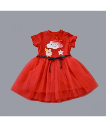 1-2-3 Yaş Tül Tokalı Bulut Civciv Ve Yıldız Nakışlı Kız Bebek Elbisesi Kırmızı