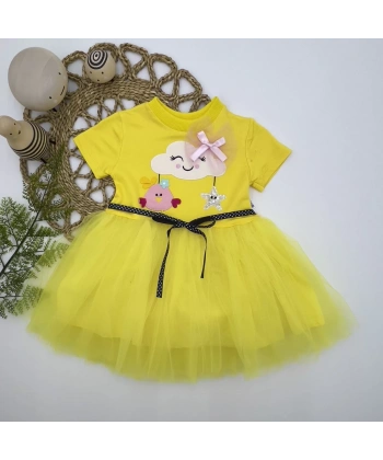 1-2-3 Yaş Tül Tokalı Bulut Civciv Ve Yıldız Nakışlı Kız Bebek Elbisesi Sarı