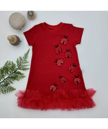 1-2-3 Yaş Uğur Böceği Nakışlı Fırfır Uçlu Kız Çocuk Jile Elbisesi Kırmızı