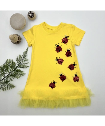 1-2-3 Yaş Uğur Böceği Nakışlı Fırfır Uçlu Kız Çocuk Jile Elbisesi Sarı