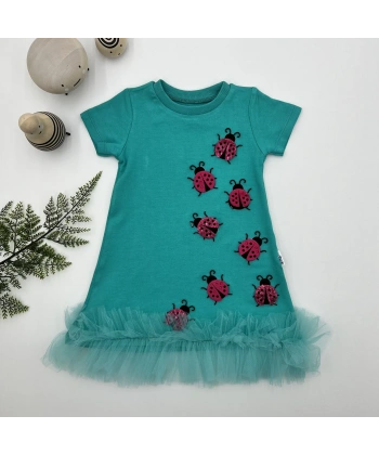1-2-3 Yaş Uğur Böceği Nakışlı Fırfır Uçlu Kız Çocuk Jile Elbisesi Turkuaz