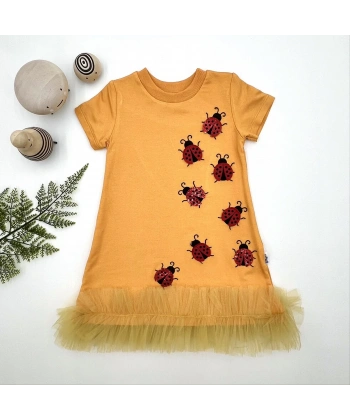 1-2-3 Yaş Uğur Böceği Nakışlı Fırfır Uçlu Kız Çocuk Jile Elbisesi Turuncu