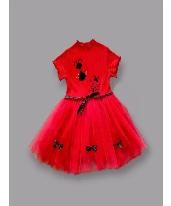 1-2-3 Yaş Uğur Böceği Nakışlı Kurdela Kuşak Kız Çocuk Elbisesi Kırmızı