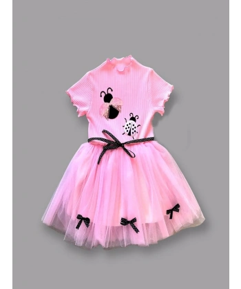 1-2-3 Yaş Uğur Böceği Nakışlı Kurdela Kuşak Kız Çocuk Elbisesi Pembe