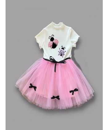 1-2-3 Yaş Uğur Böceği Nakışlı Kurdela Kuşak Kız Çocuk Elbisesi Pembe-ekru