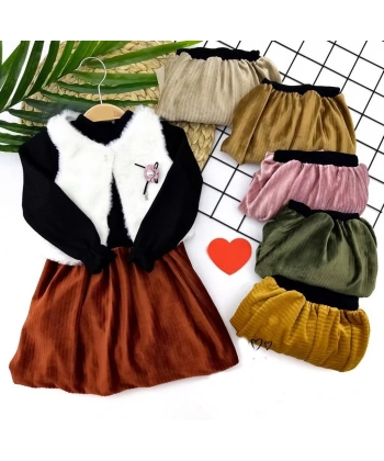 2-3-4-5 Yaş Kadife Etekli Tüylü Yelek Uzun Kollu Siyah Sweat 3lü Kız Bebek Takımı Kahverengi