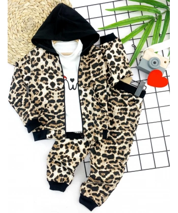 2-3-4-5 Yaş Kapşonlu Leopar Desenli Sweatli 3lü Kız Çocuk Takımı Kahverengi