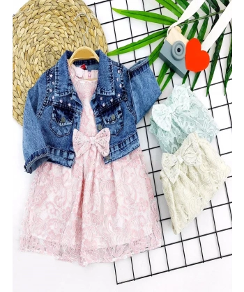 2-3-4-5 Yaş Kot Ceketli Astarlı Güpürlü 2li Kız Çocuk Elbisesi Pembe