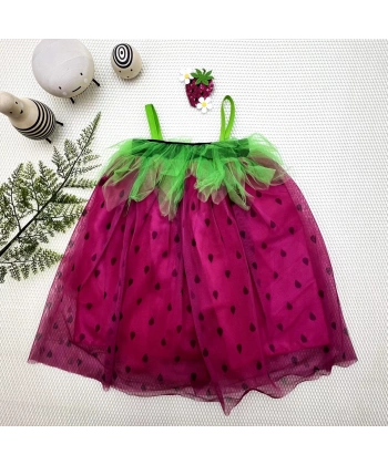 2-3-4 Yaş Askılı Çilek Kostüm Kız Çocuk Elbise Fuşya