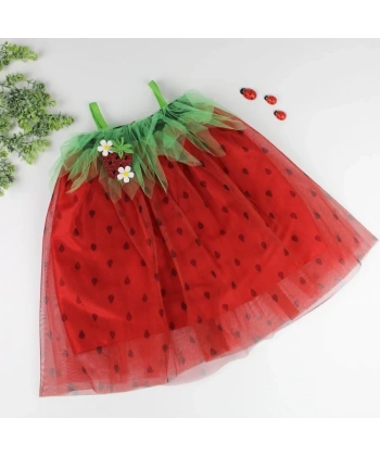 2-3-4 Yaş Askılı Çilek Kostüm Kız Çocuk Elbise Kırmızı
