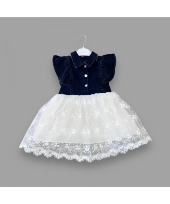 2-3-4 Yaş Astarlı Brode Etekli Kot Kumaş Düğmeli Kız Çocuk Elbisesi Lacivert