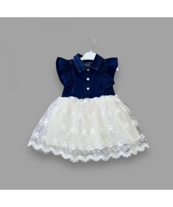 2-3-4 Yaş Astarlı Brode Etekli Kot Kumaş Düğmeli Kız Çocuk Elbisesi Mavi