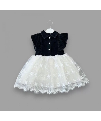 2-3-4 Yaş Astarlı Brode Etekli Kot Kumaş Düğmeli Kız Çocuk Elbisesi Siyah