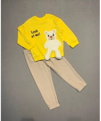 2-3-4 Yaş Ayıcık Sallanan Ayak Desenli Likra Penye Kumaş Sweat Pantolonlu Kız Erkek 2li Çocuk Takımı Sarı