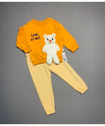 2-3-4 Yaş Ayıcık Sallanan Ayak Desenli Likra Penye Kumaş Sweat Pantolonlu Kız Erkek 2li Çocuk Takımı Turuncu