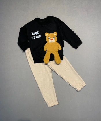 2-3-4 Yaş Ayıcık Sallanan Ayak Desenli Likra Penye Kumaş Sweat Pantolonlu Kız Erkek 2li Çocuk Takımı Siyah