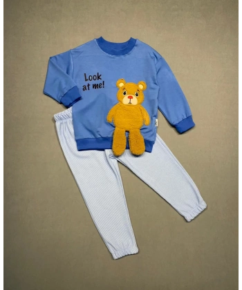 2-3-4 Yaş Ayıcık Sallanan Ayak Desenli Likra Penye Kumaş Sweat Pantolonlu Kız Erkek 2li Çocuk Takımı İndigo