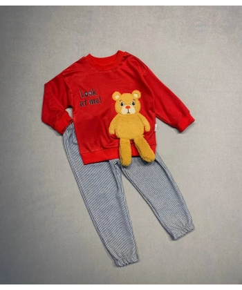 2-3-4 Yaş Ayıcık Sallanan Ayak Desenli Likra Penye Kumaş Sweat Pantolonlu Kız Erkek 2li Çocuk Takımı Kırmızı