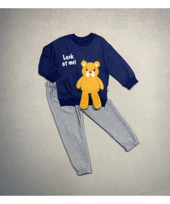 2-3-4 Yaş Ayıcık Sallanan Ayak Desenli Likra Penye Kumaş Sweat Pantolonlu Kız Erkek 2li Çocuk Takımı Lacivert