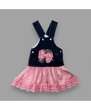 2-3-4 Yaş Fiyonklu Düğme Detaylı Tül Etek Kot Kumaş Salopet Kız Çocuk Elbisesi Lacivert-gül Kurusu