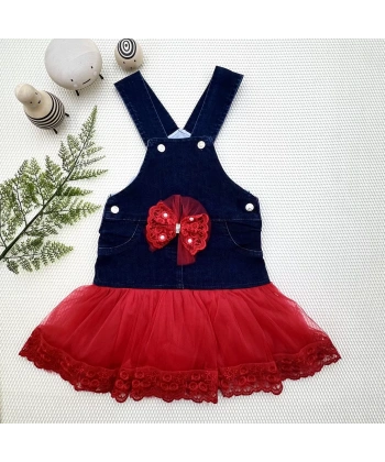 2-3-4 Yaş Fiyonklu Düğme Detaylı Tül Etek Kot Kumaş Salopet Kız Çocuk Elbisesi Lacivert-kırmızı