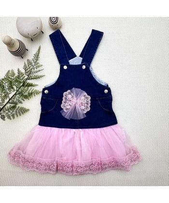 2-3-4 Yaş Fiyonklu Düğme Detaylı Tül Etek Kot Kumaş Salopet Kız Çocuk Elbisesi Lacivert-pembe