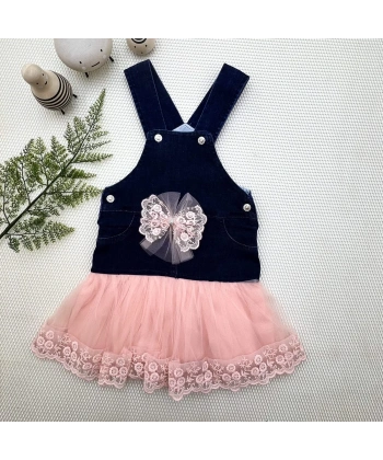 2-3-4 Yaş Fiyonklu Düğme Detaylı Tül Etek Kot Kumaş Salopet Kız Çocuk Elbisesi Lacivert-pudra