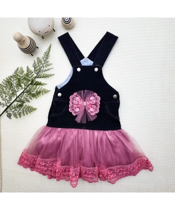 2-3-4 Yaş Fiyonklu Düğme Detaylı Tül Etek Kot Kumaş Salopet Kız Çocuk Elbisesi Siyah-gül Kurusu