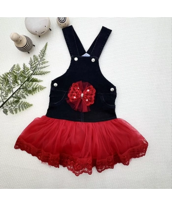 2-3-4 Yaş Fiyonklu Düğme Detaylı Tül Etek Kot Kumaş Salopet Kız Çocuk Elbisesi Siyah-kırmızı