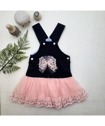 2-3-4 Yaş Fiyonklu Düğme Detaylı Tül Etek Kot Kumaş Salopet Kız Çocuk Elbisesi Siyah-pudra