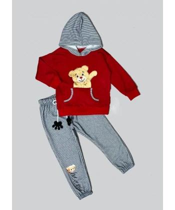 2-3-4 Yaş Pelüş Ayı Desenli Kapşonlu Uzun Kollu Penye Sweat 2li Erkek Çocuk Takımı Bordo